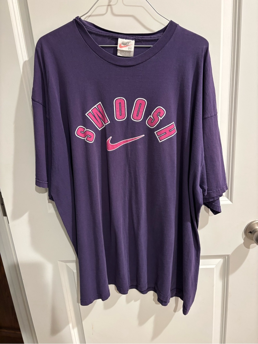 Vintage 90s Nike White Tag Made in USA Swoosh Spellout T-Shirt Purple Pink XXL